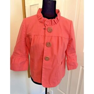 J.Crew Ruffle Jacket Cropped 3/4 Sleeve Button Front Coral Pink Size 6 Statement